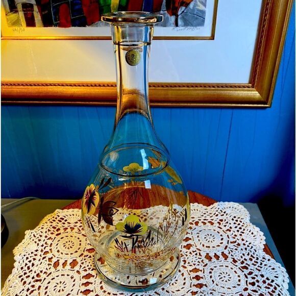 Romanian Glass / Decanter no stopper f/ Art Glass Gold Floral Butterfly - Picture 1 of 12